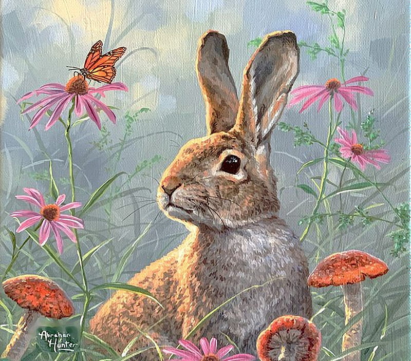 Curious Cottontail, mushrooms, rabbit, butterfly, painting, flowers, artwork, HD wallpaper