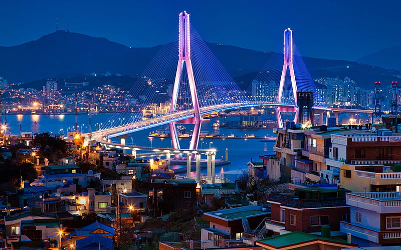 Busan, South Korea, Busan Harbor Bridge, Busan Bay, Yeongdo District, Nam District, evening, sunset, road bridge, Busan cityscape, HD wallpaper