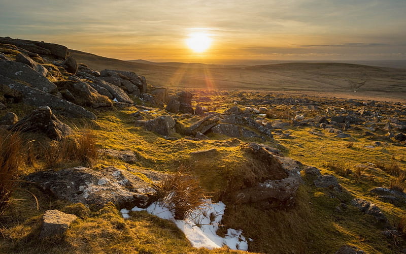 sundown over a rocky countryside, rocks, sundown, hills, fields, HD wallpaper