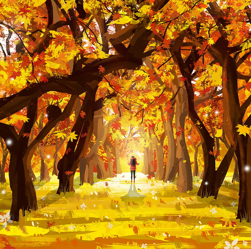 lonely, autumn, leaves, art, HD wallpaper
