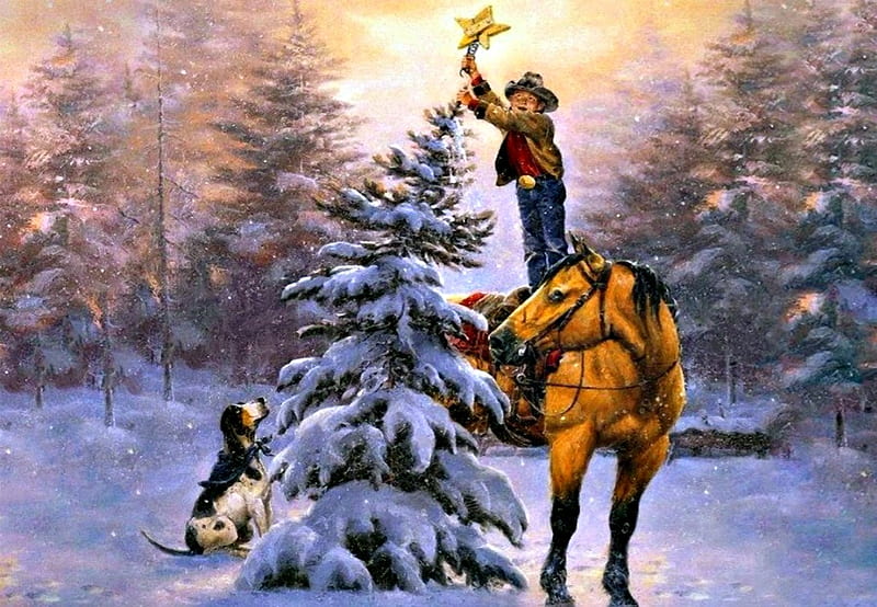Upon The Highest Bough, Horse, Trees, Star, White, Snow, Hat, Cowboy, Winter, HD wallpaper