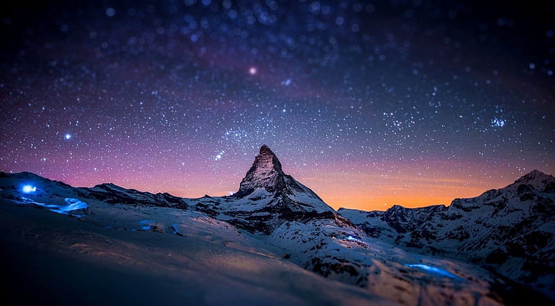 Mountain at starry night, mountains, starlight, nature, sky, star, landscape, scene, night, HD wallpaper