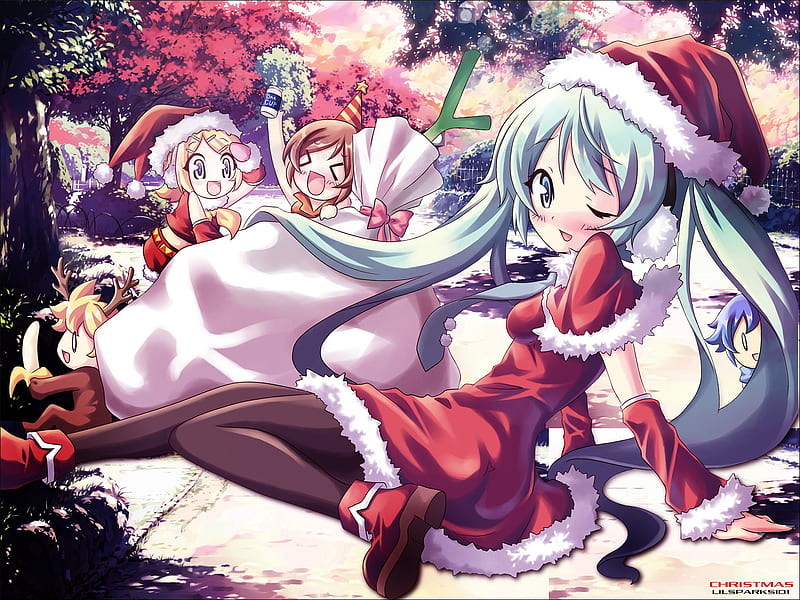 Have A Very Vocaloid Christmas!, meiko, leek, len, hatsune miku, christmas, blush, bag, cute, kagamine twins, santa, rin, anime, presents, girls, vocaloids, HD wallpaper
