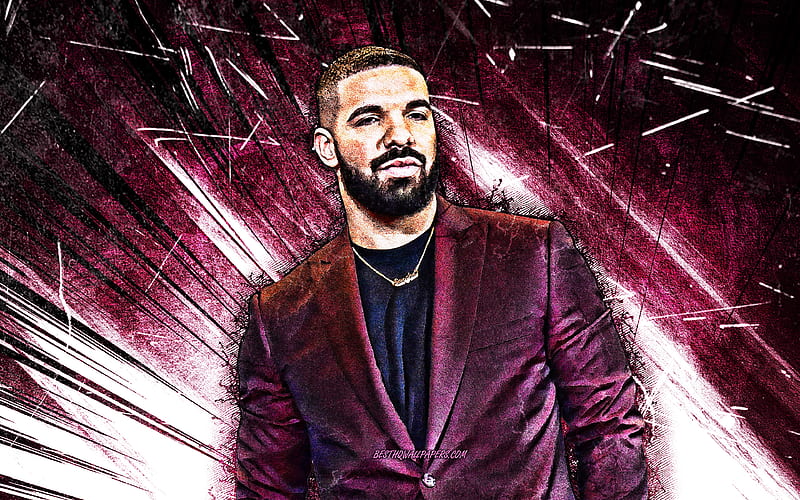 Drake, grunge art, canadian rapper, music stars, Aubrey Drake Graham, purple abstract rays, Drake, HD wallpaper