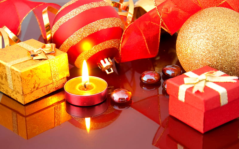 Christmas Light, pretty, christmas balls, magic, red ball, xmas, splendor, magic christmas, beauty, reflection, candle, lovely, romance, holiday, christmas, ribbon, new year, gift, merry christmas, balls, gifts, bow, bonito, ball, happy holidays, light, romantic, view, christmas candle, christmas decoration, colors, red balls, christmas gift, happy new year, candles, peaceful, HD wallpaper