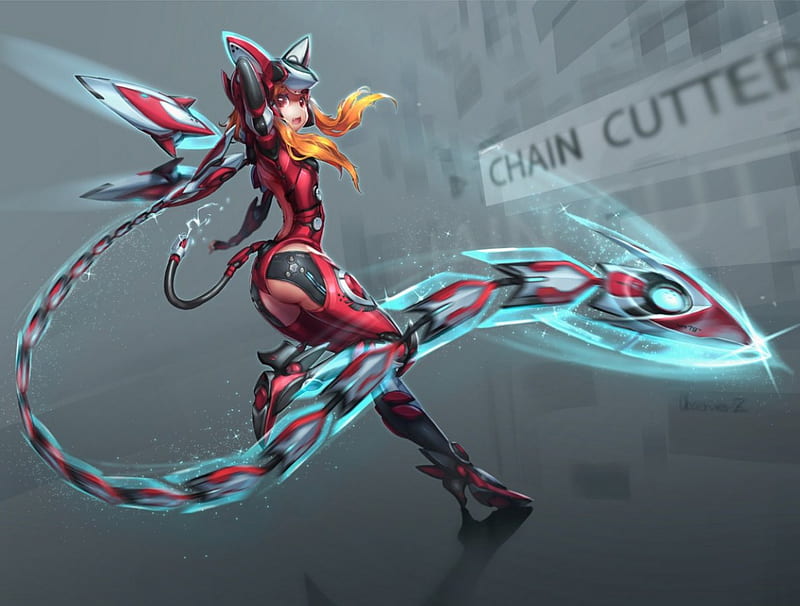 Chain Cutter, chain, red, Anime, mecha, HD wallpaper