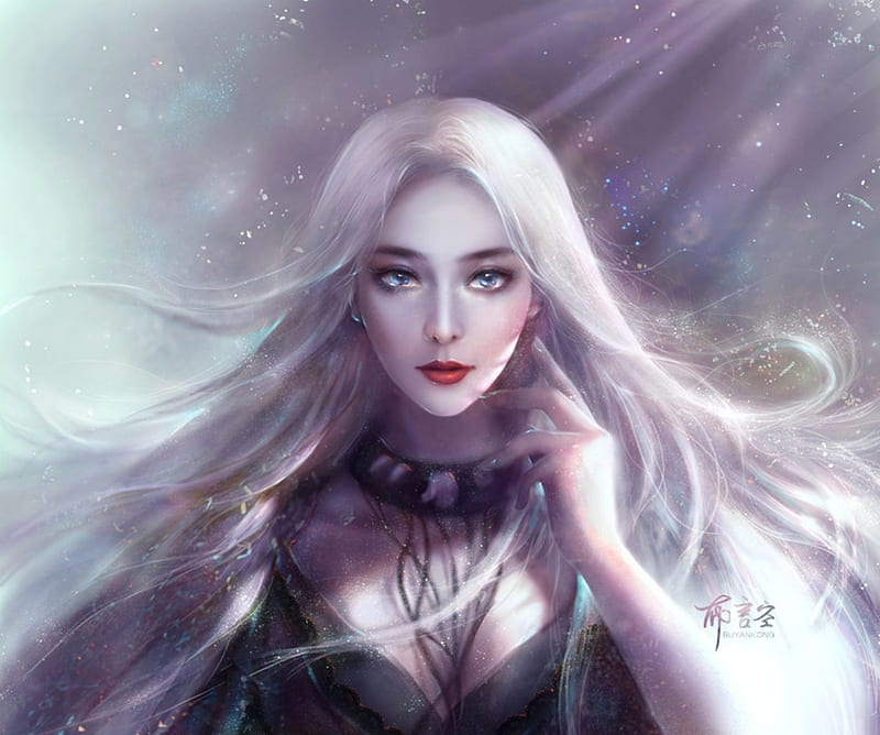The sorceress with white hair, yankong bu, frumusete, fantasy, luminos, girl, fan bingbing, white hair, sorceress, blue, HD wallpaper