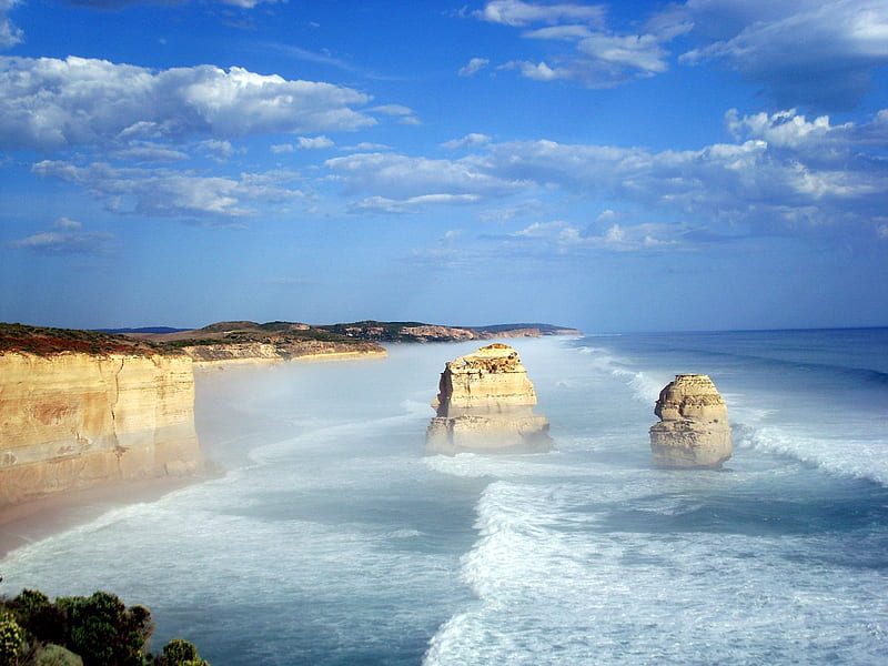 Coastline Australia, sea mist, rocks, ocean, surf, bonito, waves, vast, cliffs, blue, HD wallpaper