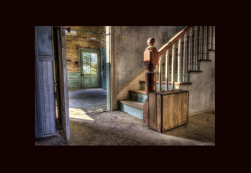 The Day That Never Comes, window, floor, framed, teal, old, wall, suitcase, door, staircase, banister, sunshine, room, wood, decrepit, HD wallpaper