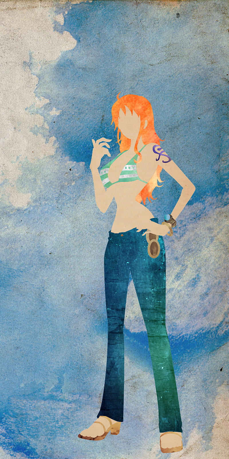 Nami One Piece, anime, blue, one piece, watercolor, HD phone wallpaper