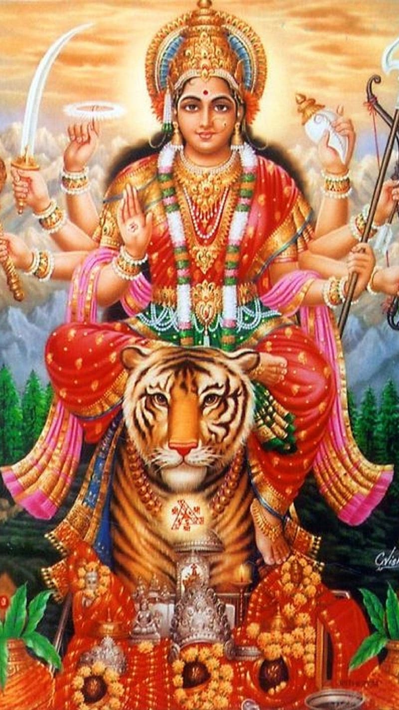 Durga Mata , Clouds Background, sitting on tiger, goddess, HD phone wallpaper