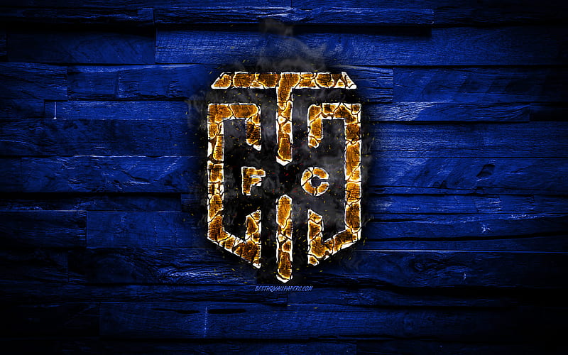 Cape Town City FC, burning logo, Premier Soccer League, blue wooden background, south african football club, PSL, football, soccer, Cape Town City logo, Cape Town, South Africa, HD wallpaper