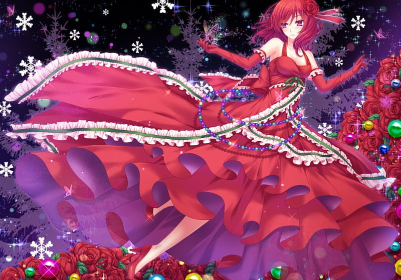 Winter Flakes, pretty, redhead, anime gir, cg, adorable, sweet, floral, red rose, nice, butterfly, anime, beauty, long hair, lovely, gown, flora, cute, maiden, red dress, rose, bonito, sublime, elegant, blossom, loli, gorgeous, female, lolita, red hair, kawaii, flakes, girl, snowflakes, flower, petals, lady, angelic, HD wallpaper