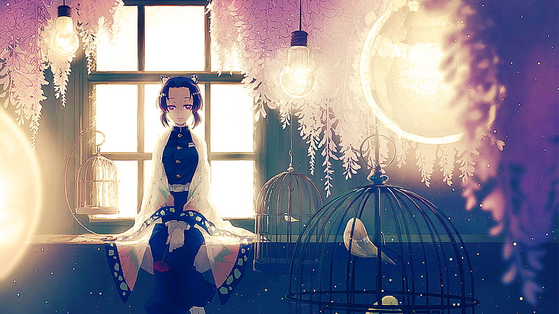 Demon Slayer Shinobu Kochou Sitting Around Birds In Cage With Lights With Background Of Window Anime, HD wallpaper