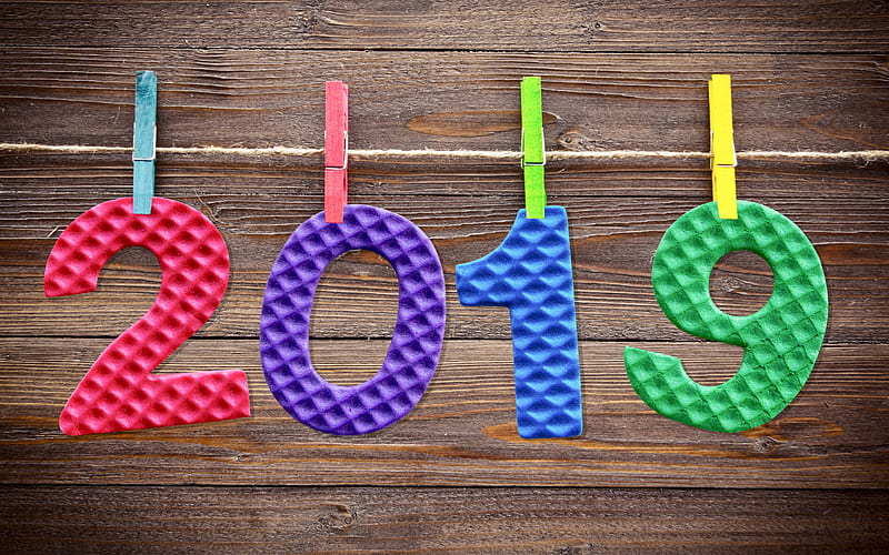 Happy New Year 2019, numbers on clothespins, rope, wooden background, 2019 concepts, HD wallpaper