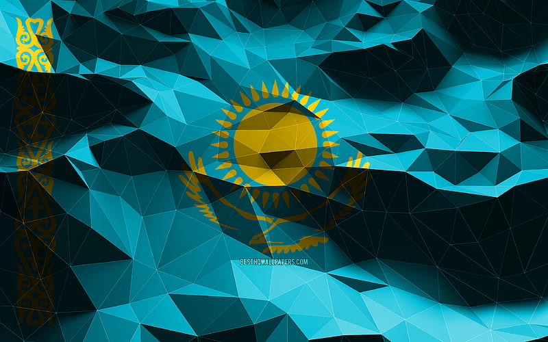 Kazakh flag, low poly art, Asian countries, national symbols, Flag of Kazakhstan, 3D art, Kazakhstan, Asia, Kazakhstan 3D flag, Kazakhstan flag, HD wallpaper