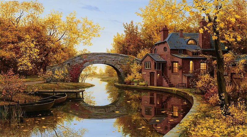 Autumn Bridge, autumn, stone, bridge, painting, home, puzzle, jigsaw, season, HD wallpaper