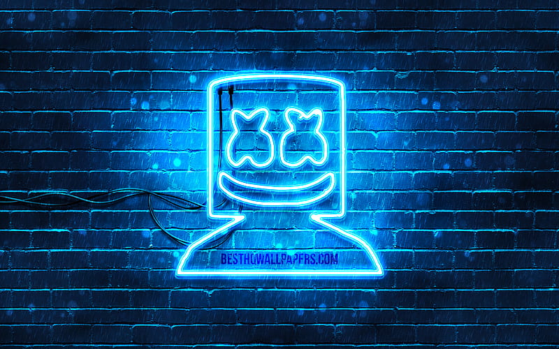 Marshmello, blue brickwall music stars, Christopher Comstock, blue neon signs, Marshmello , Blue neon Marshmello, music brands, DJ Marshmello, HD wallpaper
