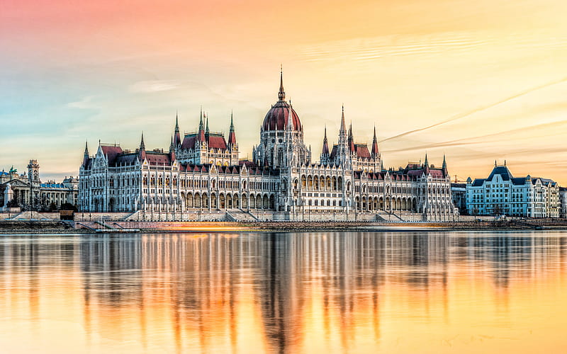 Budapest, Hungarian Parliament Building, evening, sunset, Danube river, Hungary, Budapest landmark, Parliament of Budapest, National Assembly of Hungary, HD wallpaper