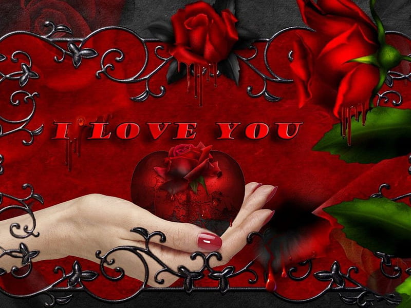 GOTHIC VALENTINE, red, gothic, love, heart, flowers, hand, roses, HD wallpaper