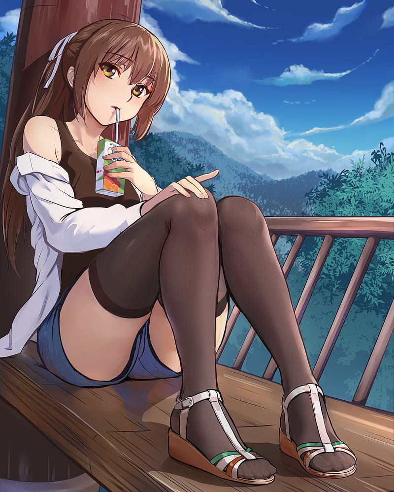brunette, juice, sitting, stockings, anime girls, anime, HD phone wallpaper
