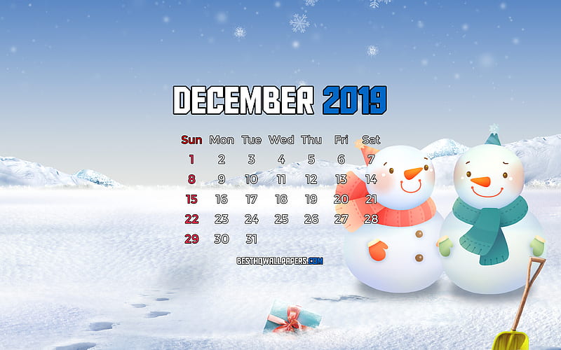 December 2019 Calendar winter landscape, 2019 calendar, snowmen, December 2019, abstract art, Calendar December 2019, artwork, 2019 calendars, HD wallpaper