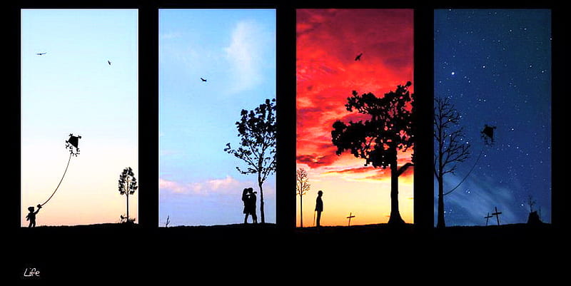 Seasons of Life, death, life, middle age, youth, man, play, lovers, kite, cycles, childhood, couple, loss, HD wallpaper