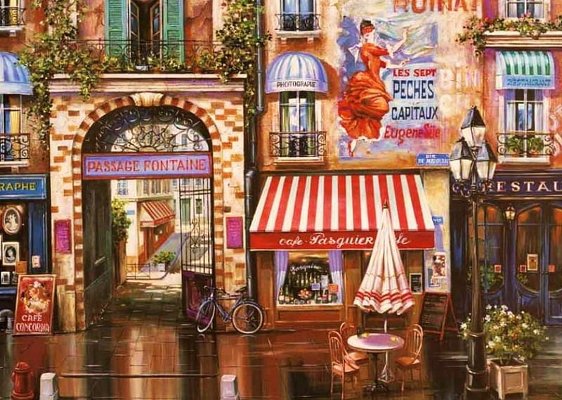 Passage Fontaine, table, restaurant, houses, painting, umbrella, paris, artwork, HD wallpaper