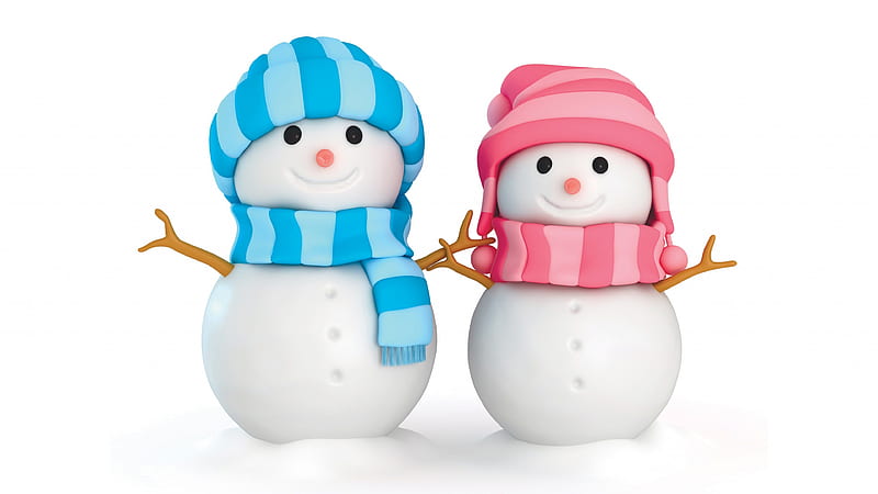 snowmen 3d snowman, pink scarf, blue scarf, HD wallpaper