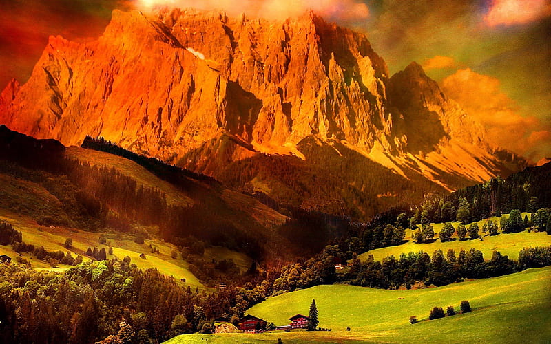 Tirol, Austria, rocks, glow, Austria, grass, bonito, Tirol, mountain, nice, calm, cliffs, hills, huts, quiet, lovely, mountainscape, houses, high, sky, trees, serenity, peaceful, summer, nature, villas, HD wallpaper