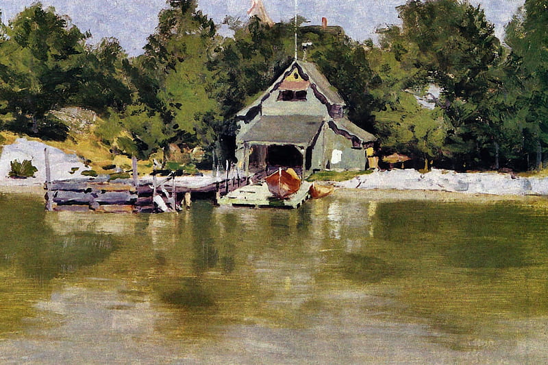 Boat House at Ingleneuk 1, art, old master, artwork, Fredric Remington, painting, Remington, scenery, oldmaster, landscape, HD wallpaper