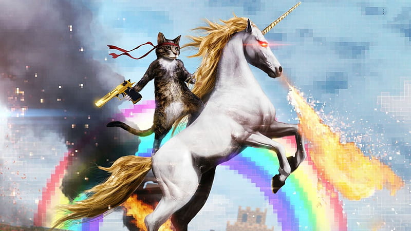 Cat Riding a Fire-breathing Unicorn, fantasy, unicorn, entertainment, funny, cat, HD wallpaper