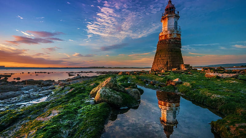 Plover Scar Lighthouse, River Lune, Lancashire, England, sea, clouds, landscape, sky, water, rocks, sunset, reflections, HD wallpaper