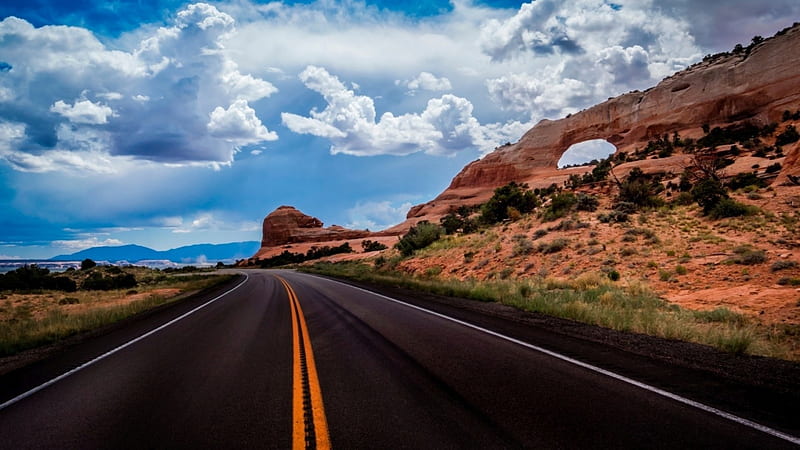 lonely road in the desert, rocks, blacktop, desert, road, clouds, HD wallpaper