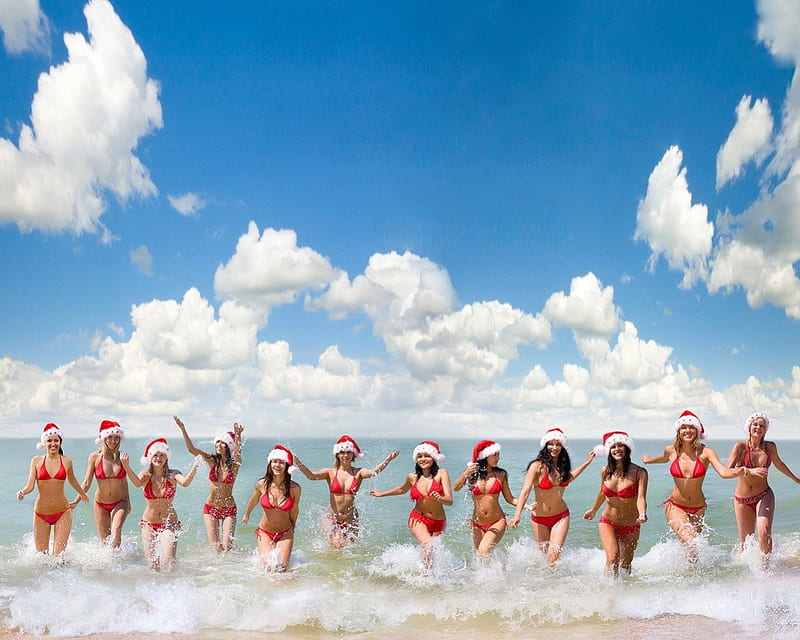 Summer Santa Girls, sexy christmas, summer santa, santa girls, summer girls, HD wallpaper