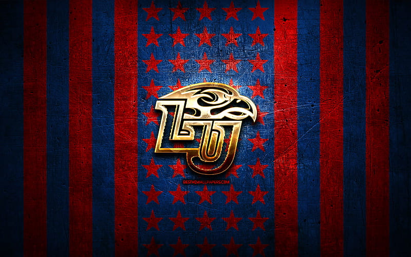 Liberty Flames flag, NCAA, red blue metal background, american football team, Liberty Flames logo, USA, american football, golden logo, Liberty Flames, HD wallpaper