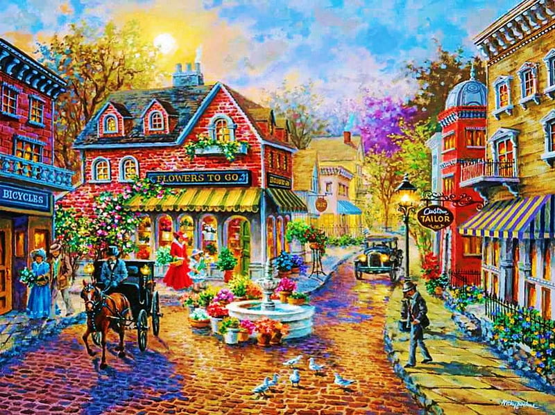 Cobblestone Village, sun, people, houses, painting, street, HD wallpaper
