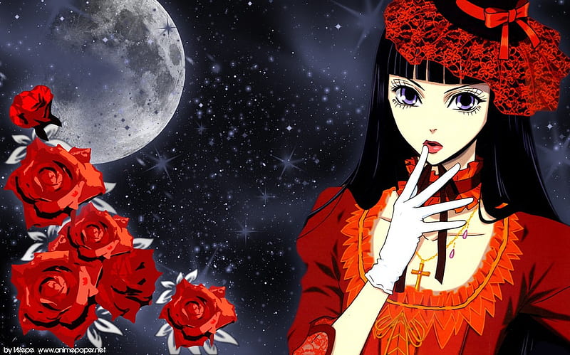 Yamamoto Nadeshiko, red, rose, nadeshiko, sky, sexy, wallflower, moon, cool, gothic, anime, beauty, star, night, HD wallpaper