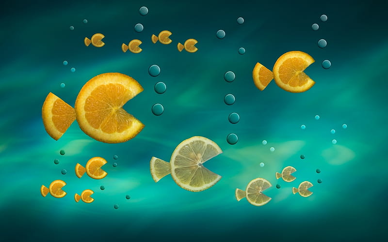 Fish in the sea, luminos, orange, fish, yellow, creative, lemon, sea, fruit, fantasy, water, summer, blue, HD wallpaper