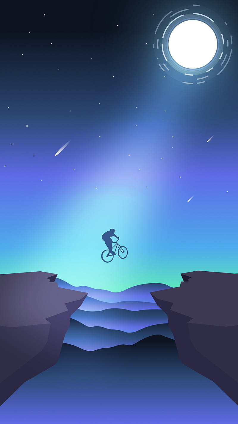 challenge, air, bicycle, blue, boy, cup, jump, light, moon, mount, night, power, rock, sea, sport, star, HD phone wallpaper