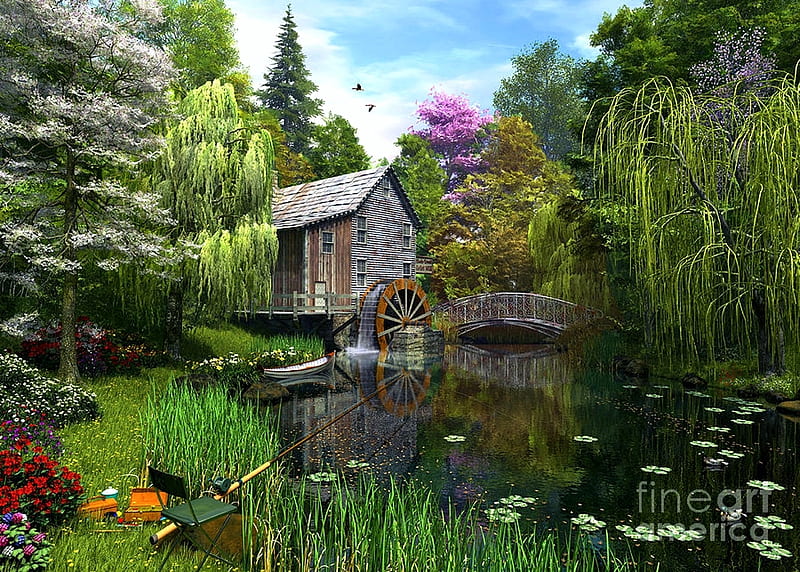 Old Mill, waterlilies, trees, artwork, pond, boat, watermill, bridge, painting, flowers, fishing, HD wallpaper