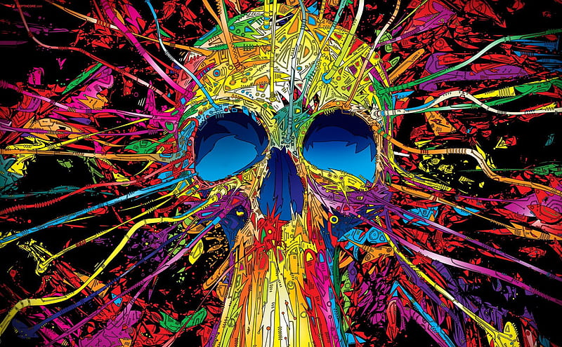 Psychedelic Skull, psicodelia, purple, yellow, eyes, abstract, skull, pink, blue, HD wallpaper