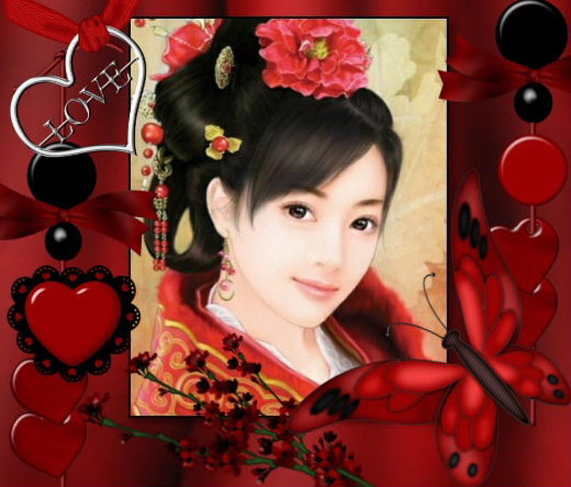 Oriental Love, valentine, scrap art, love, oriental beauty, HD wallpaper