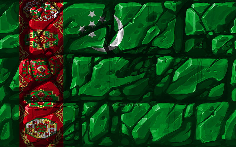 Turkmen flag, brickwall Asian countries, national symbols, Flag of Turkmenistan, creative, Turkmenistan, Asia, Turkmenistan 3D flag, HD wallpaper