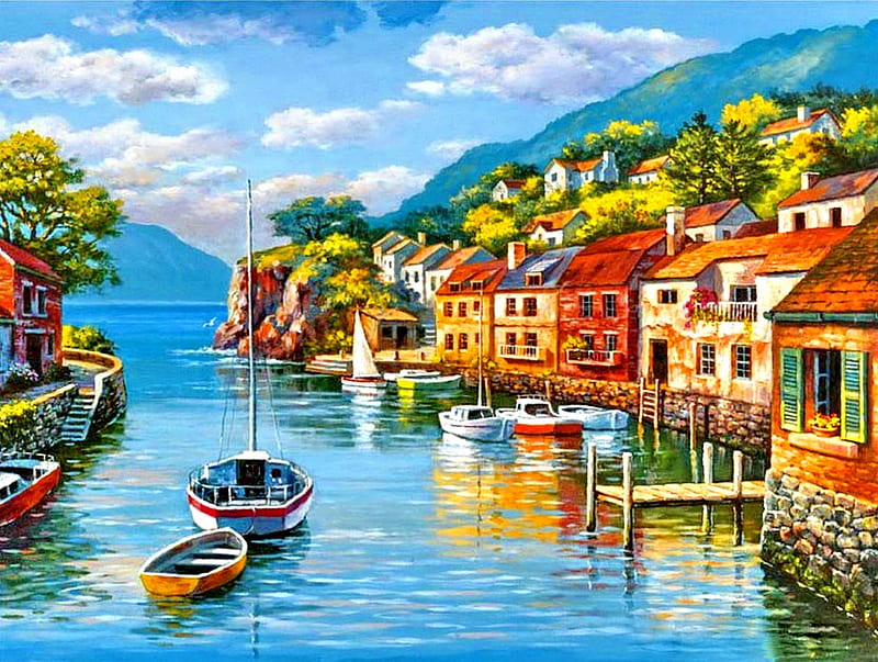 Coastal Village, buildings, abstract, sky, clouds, art work, boat, fantasy, splendor, paradise, mountains, painting, village, nature, coastal, river, HD wallpaper
