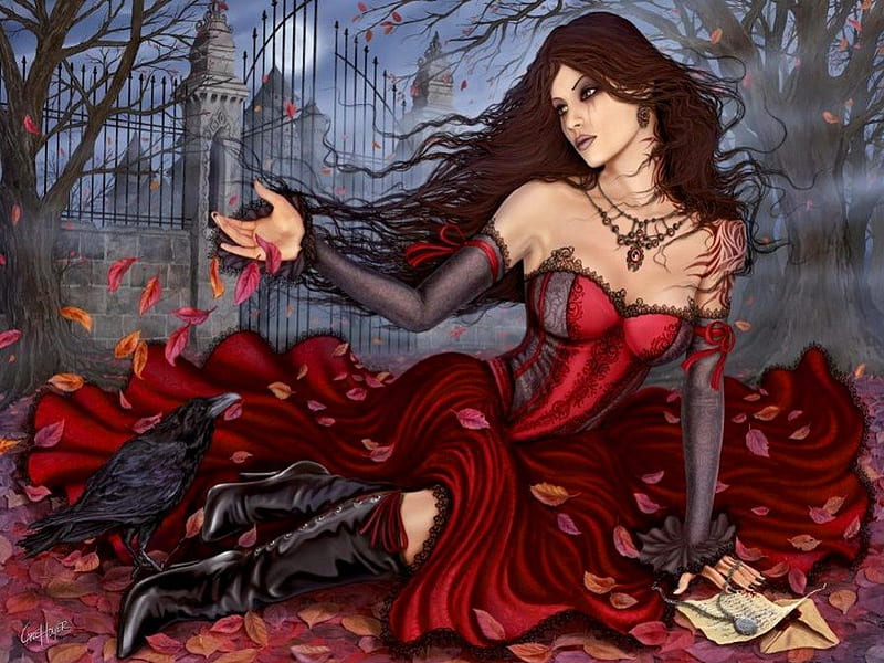 Autumn mood, red, dress, autumn, bonito, woman, door, leaves, nice, fantasy, fairy, forest, raven, lovely, sadness, trees, mood, yard, brunette, girl, bird, lady, castle, branches, HD wallpaper