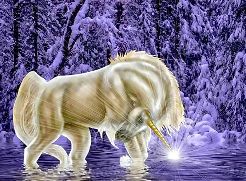 The power of unicorn, forest, unicorn, power, magic, fairytale, trees, horse, lake, sea, winter, fantasy, water, river, reflection, light, blue, HD wallpaper