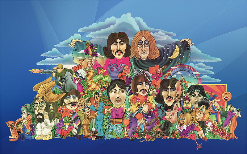 Beatles Psychedelic Pile, art, beatles, collage, pile, cartoon, john lennon, psicodelia, ringo starr, george harrison, paul mccartney, HD wallpaper