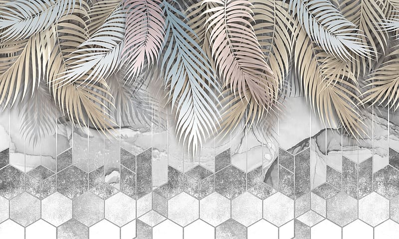 Pattern, golden, palm, grey, texture, , mosaic, leaf, sergey vereschagin, HD wallpaper