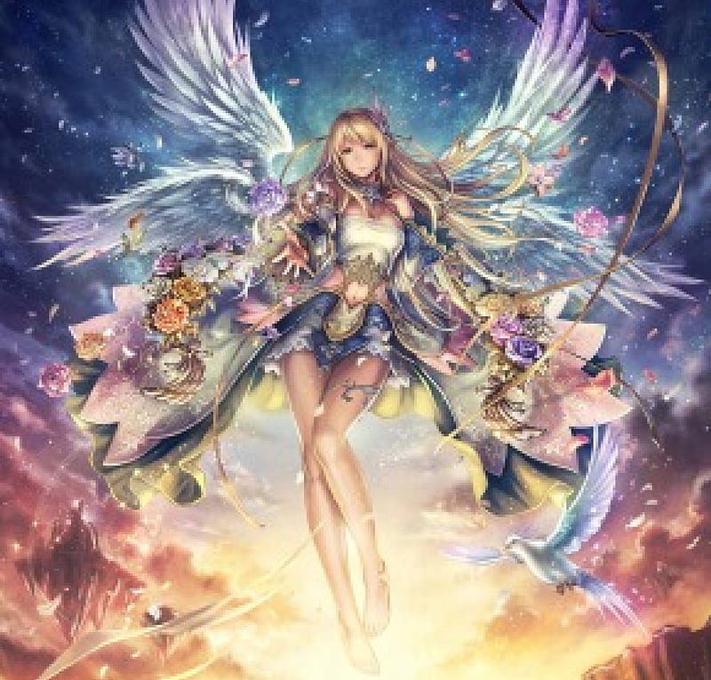 Angel, wings, manga, yellow, anbe yoshirou, girl, bird, anime, dove ...